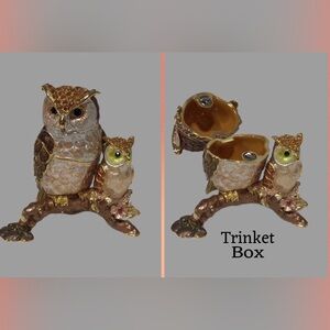 Bejeweled Enamel Owls with Trinket Box, Crystals, 3.25” High
